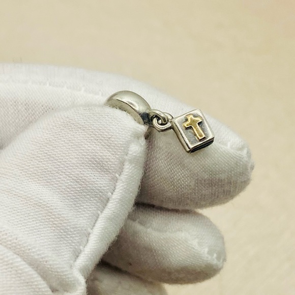 EUC Pandora 790409 Sterling Silver Bible Dangle Bead w/ 14k Yellow Gold Cross - Picture 5 of 10
